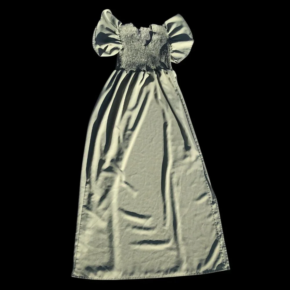 Women's Sage Green Smocked Puff Sleeve Maxi Dress with Slit, XL - Picture 2 of 7